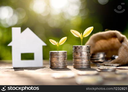 The coins are stacked in two rows and there are seedlings growing on top, while a small white house is included.