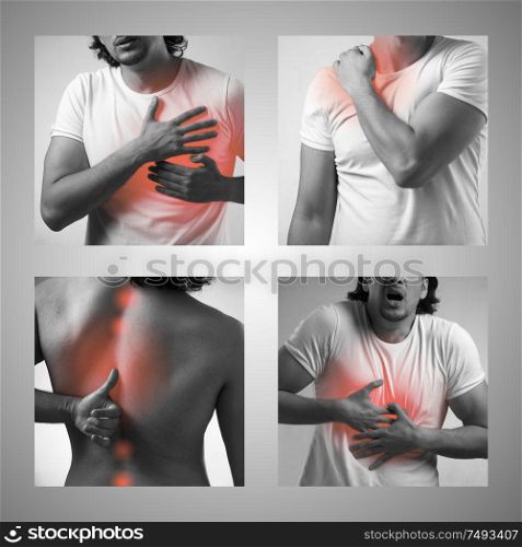 The collage of man suffering from acute pain. Collage of man suffering from acute pain