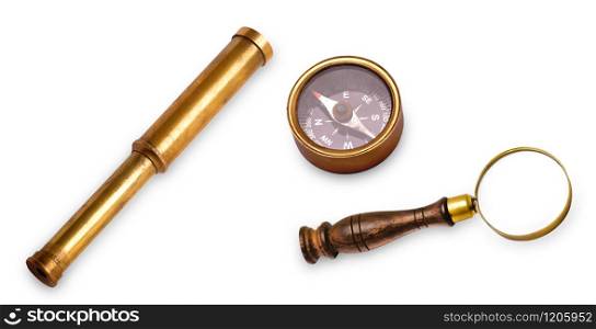 the Collection with telescope, compass and magnifying glass isolated on a white background. the old Spyglass on the white background