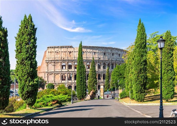 The Colloseum in Rome, view from the Oppian Hill park, Italy.