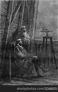 The Colonel and astronomer, vintage engraved illustration. Jules Verne 3 Russian and 3 English, 1872. 