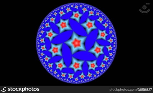 The color pattern in a circle slowly rotates and changes on a dark background. It is a fractal pattern.