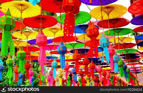 the colorful umbrella and paper vintage lantern for in Thai style