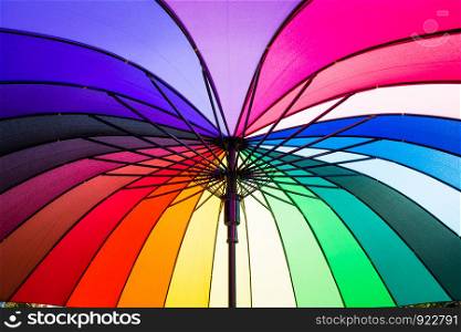 The colors of the rainbow umbrella surface.