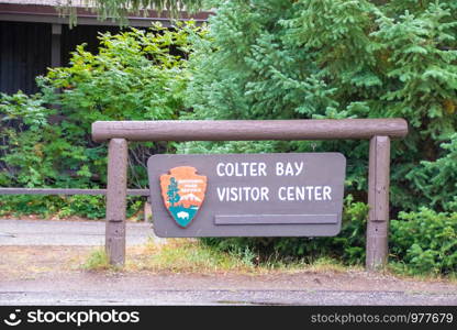 The Colter Bay Visitor Center Sign in Colter Bay Village in Grand Teton National Park Wyoming September 8th 2019