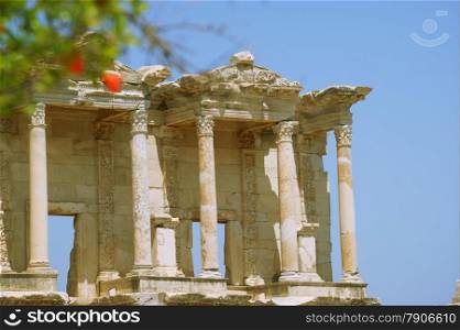 The Columns of the Celsus Library of Ancient Ephsus in Ksadasi Turkey