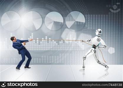 The competition between humans and robots in tug of war concept. Competition between humans and robots in tug of war concept