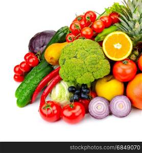 The composition of fresh fruits and vegetables. Isolated on white background.