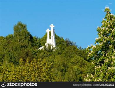The composition of the three crosses on Bald Mountain in Vilnius, Lithuania. In memory of those killed Franciscan monks.