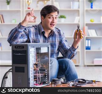 The computer repairman with bright idea gesture. Computer repairman with bright idea gesture