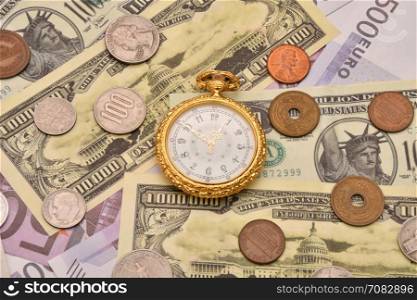 The concept of business time is money. Banknotes, coins and pocket watches
