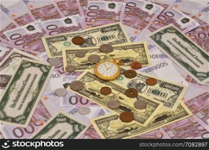 The concept of business time is money. Banknotes, coins and pocket watches