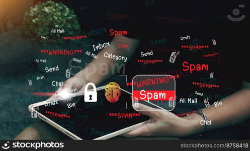 The concept of e-mail and computer viruses. Review the concepts of internet security, spam and e-marketing on screen. Spam email pop-up warnings.