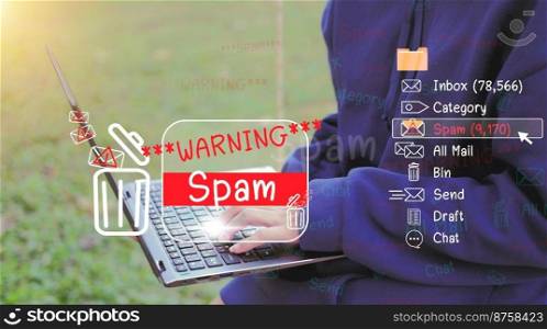 The concept of e-mail and computer viruses. Review the concepts of internet security, spam and e-marketing on screen. Spam email pop-up warnings.
