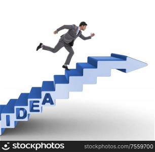 The concept of idea with businessman climbing steps stairs. Concept of idea with businessman climbing steps stairs