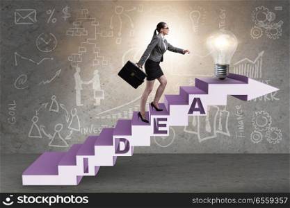 The concept of idea with businesswoman climbing steps stairs. Concept of idea with businesswoman climbing steps stairs. The concept of idea with businesswoman climbing steps stairs