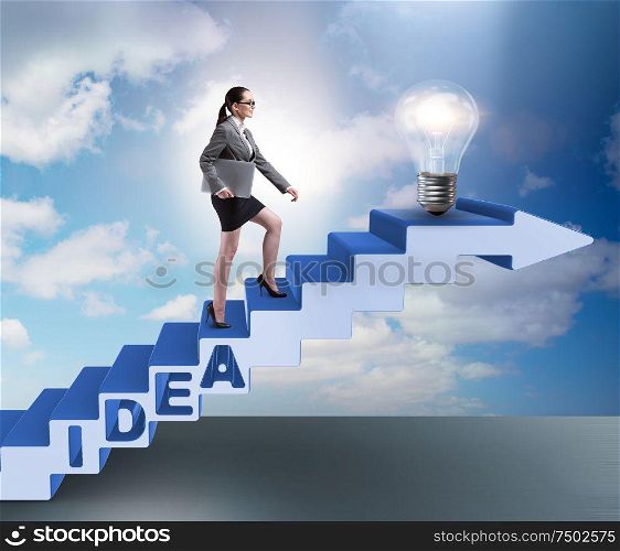 The concept of idea with businesswoman climbing steps stairs. Concept of idea with businesswoman climbing steps stairs