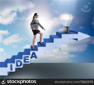 The concept of idea with businesswoman climbing steps stairs. Concept of idea with businesswoman climbing steps stairs