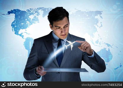 The concept of online air travel booking. Concept of online air travel booking
