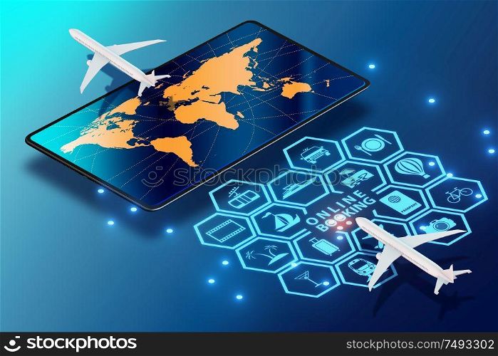 The concept of online airtravel booking - 3d rendering. Concept of online airtravel booking - 3d rendering