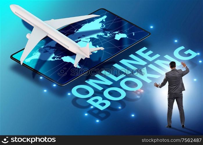The concept of online airtravel booking with businessman. Concept of online airtravel booking with businessman