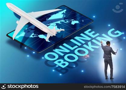 The concept of online airtravel booking with businessman. Concept of online airtravel booking with businessman