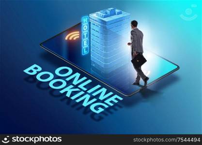 The concept of online hotel booking with businessman. Concept of online hotel booking with businessman