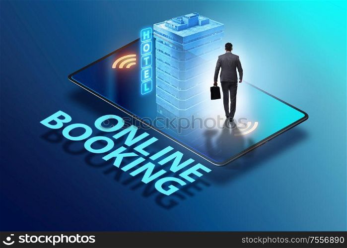 The concept of online hotel booking with businessman. Concept of online hotel booking with businessman