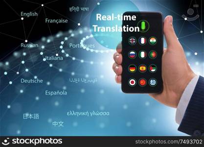 The concept of real time translation with smartphone app. Concept of real time translation with smartphone app