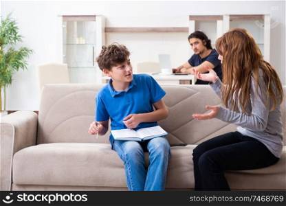 The concept of underage smoking with young boy and family. Concept of underage smoking with young boy and family