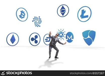 The concept of various cryptocurrencies and businessman. Concept of various cryptocurrencies and businessman. The concept of various cryptocurrencies and businessman