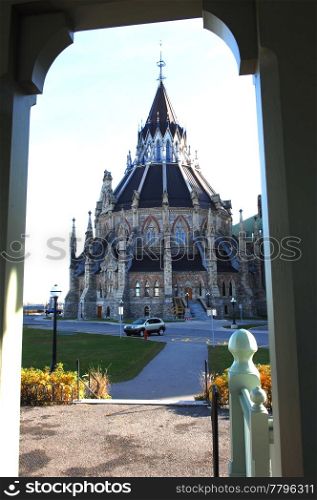 The congress library on Ottawa on the parliament building, seen trough adoor frame on a nice sunny day.