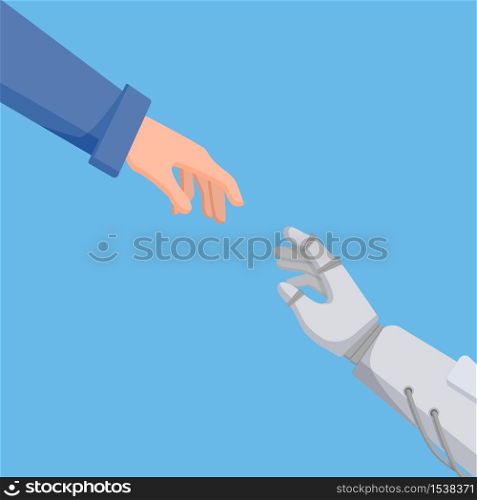 The connection between man and robot hands. Rapprochement of man and robot on a blue background.. The connection between man and robot hands.