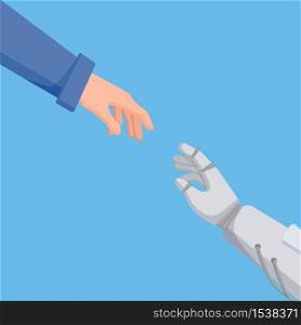 The connection between man and robot hands. Rapprochement of man and robot on a blue background.. The connection between man and robot hands.
