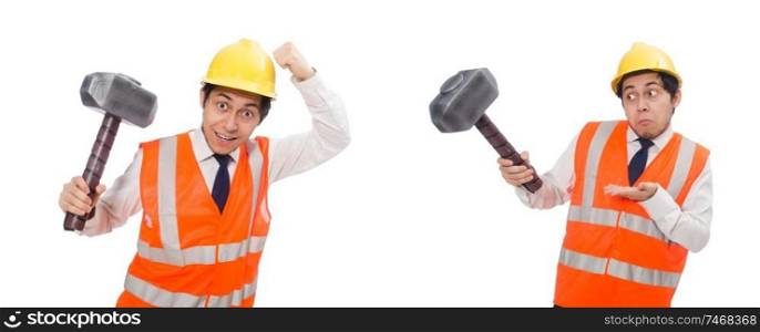 The construction worker with hammer isolated on white. Construction worker with hammer isolated on white