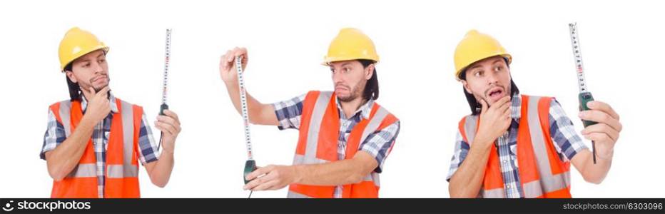 The construction worker with tape-line isolated on white. Construction worker with tape-line isolated on white
