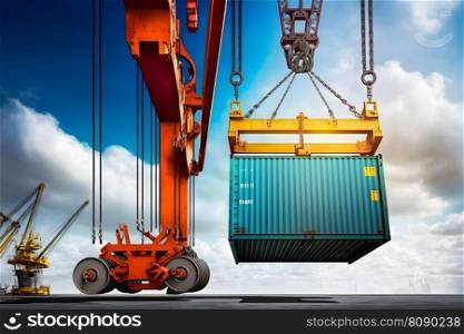 The container vessel during loading at an industrial port by port crane. Neural network AI generated art. The container vessel during loading at an industrial port by port crane. Neural network AI generated