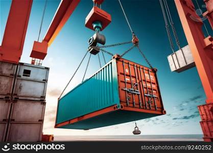 The container vessel during loading at an industrial port by port crane. Neural network AI generated art. The container vessel during loading at an industrial port by port crane. Neural network AI generated