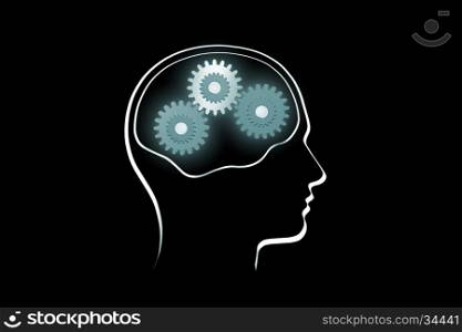 The contour of a human head on a dark background.&#xA;Rotate the gears (the symbol of mental work).