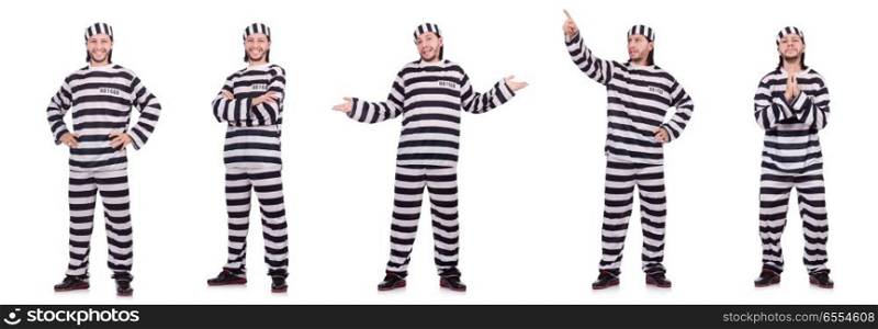 The convict criminal in striped uniform isolated on white. Convict criminal in striped uniform isolated on white