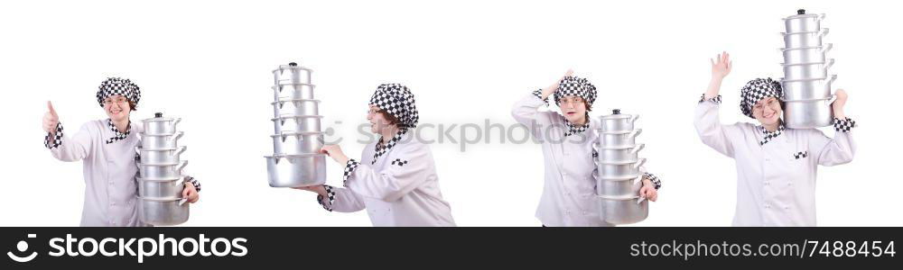 The cook with stack of pots on white. Cook with stack of pots on white