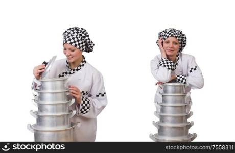 The cook with stack of pots on white. Cook with stack of pots on white