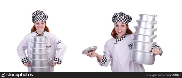 The cook with stack of pots on white. Cook with stack of pots on white