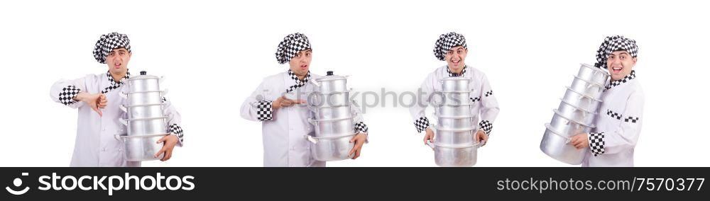 The cook with stack of pots on white. Cook with stack of pots on white