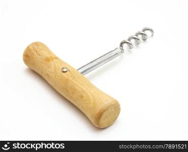 The corkscrew with the wooden handle lies on a white background