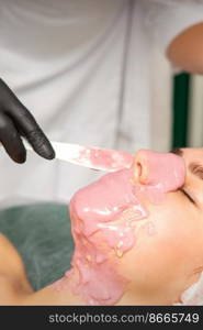 The cosmetologist applying an alginate mask to the face of a young woman in a beauty salon. The cosmetologist applying an alginate mask to the face of a young woman in a beauty salon.