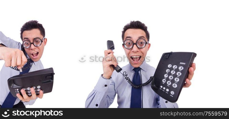 The crazy man with phone on white. Crazy man with phone on white