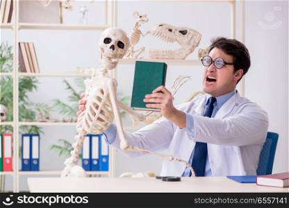 The crazy professor studying human skeleton. Crazy professor studying human skeleton