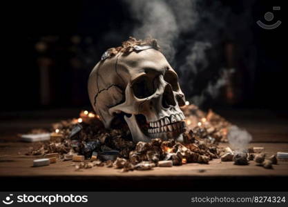 The creative idea of a human skull surrounded by smoke and cigarettes, representing the deadly consequences of tobacco use on health, captured by AI Generative for No Tobacco Day.