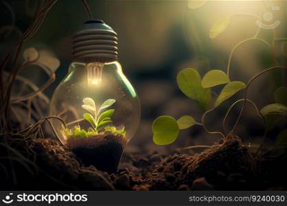 The creative idea of an upcycled light bulb glowing in soil promotes the innovative concept of reducing, reusing, and repurposing for a sustainable planet. Ai Generative